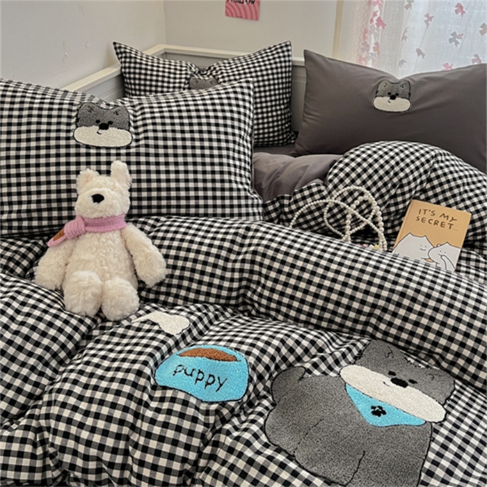 91家纺网 家纺一手货源 找家纺 呗旺鹿 2025新款A类全棉色织水洗棉毛巾绣系列四件套 雪纳瑞