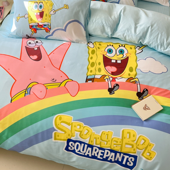 91家纺网 家纺一手货源 找家纺 金爱家纯棉数码印花系列四件套-海绵宝宝 棉D-彩虹海绵宝宝