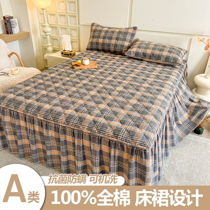 糯米猪家纺 2025新款全棉色织水洗棉床裙 时尚 灰