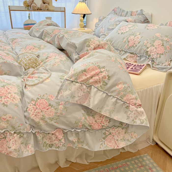 91家纺网 家纺一手货源 找家纺 盼季家纺 2025新款公主风花边小清新水洗棉床上四件套床单被套床裙三件套-风格一 花丛