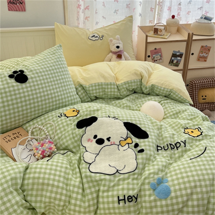 91家纺网 家纺一手货源 找家纺 呗旺鹿 2025新款A类全棉色织水洗棉毛巾绣系列四件套 恰恰狗