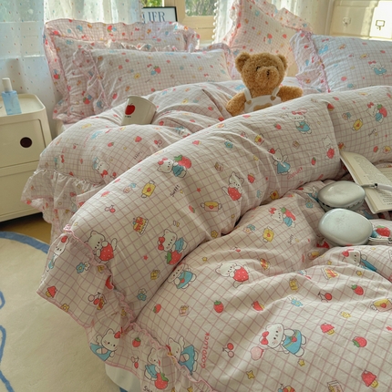 91家纺网 家纺一手货源 找家纺 （总）盼季家纺 2025新款公主风花边小清新水洗棉床上四件套床单被套床裙三件套-风格二