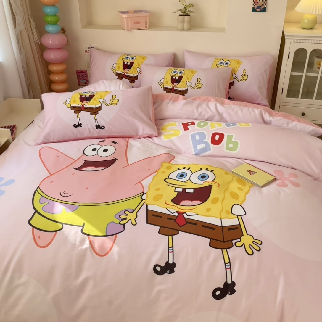 91家纺网 家纺一手货源 找家纺 金爱家纯棉数码印花系列四件套-海绵宝宝 棉D-粉粉海绵宝宝