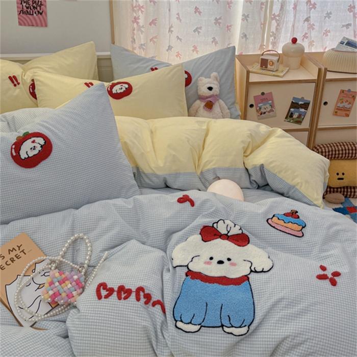 91家纺网 家纺一手货源 找家纺 呗旺鹿 2025新款A类全棉色织水洗棉毛巾绣系列四件套 蝴蝶结小狗