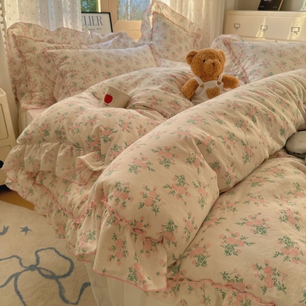 91家纺网 家纺一手货源 找家纺 （总）盼季家纺 2025新款公主风花边小清新水洗棉床上四件套床单被套床裙三件套-风格二