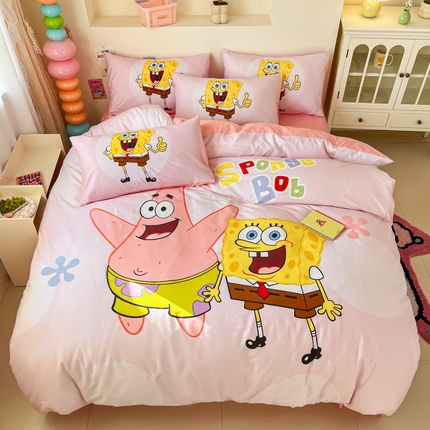 91家纺网 家纺一手货源 找家纺 金爱家纯棉数码印花系列四件套-海绵宝宝 棉D-粉粉海绵宝宝