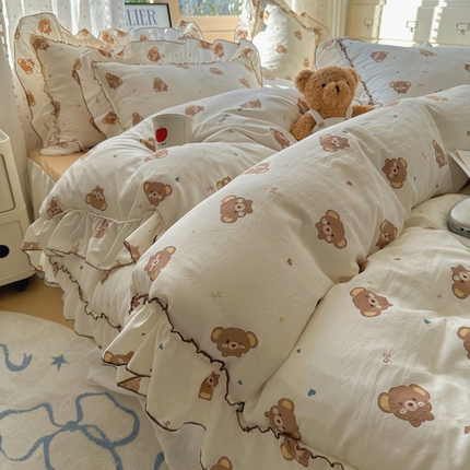 91家纺网 家纺一手货源 找家纺 （总）盼季家纺 2025新款公主风花边小清新水洗棉床上四件套床单被套床裙三件套-风格二