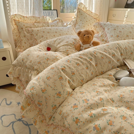 91家纺网 家纺一手货源 找家纺 （总）盼季家纺 2025新款公主风花边小清新水洗棉床上四件套床单被套床裙三件套-风格二