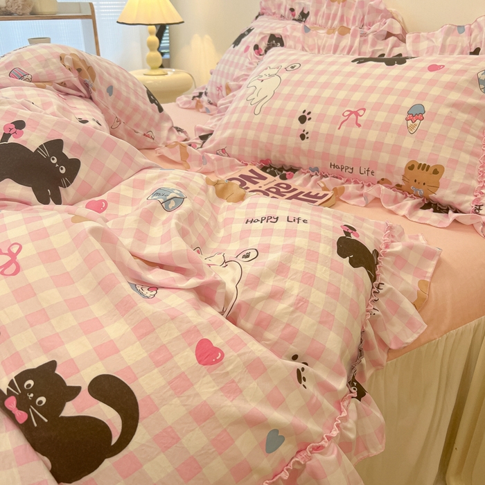 91家纺网 家纺一手货源 找家纺 盼季家纺 2025新款公主风花边小清新水洗棉床上四件套床单被套床裙三件套-风格一 调皮黑猫