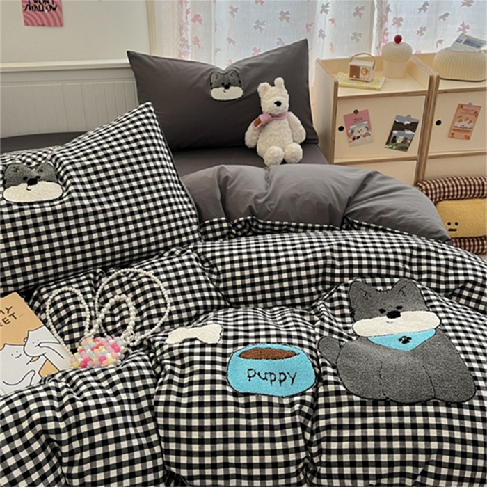 91家纺网 家纺一手货源 找家纺 呗旺鹿 2025新款A类全棉色织水洗棉毛巾绣系列四件套 雪纳瑞