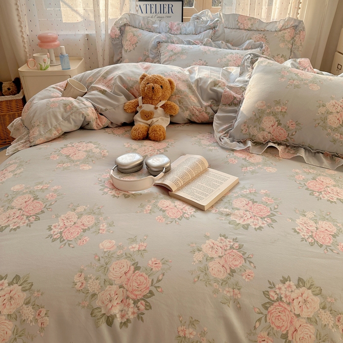 91家纺网 家纺一手货源 找家纺 盼季家纺 2025新款公主风花边小清新水洗棉床上四件套床单被套床裙三件套-风格二 花丛