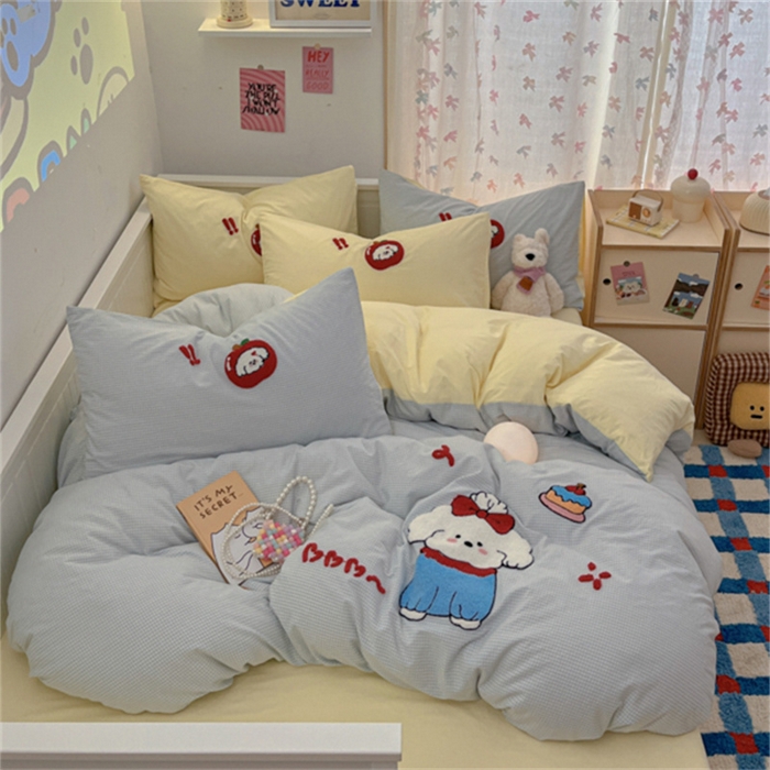 91家纺网 家纺一手货源 找家纺 呗旺鹿 2025新款A类全棉色织水洗棉毛巾绣系列四件套 蝴蝶结小狗