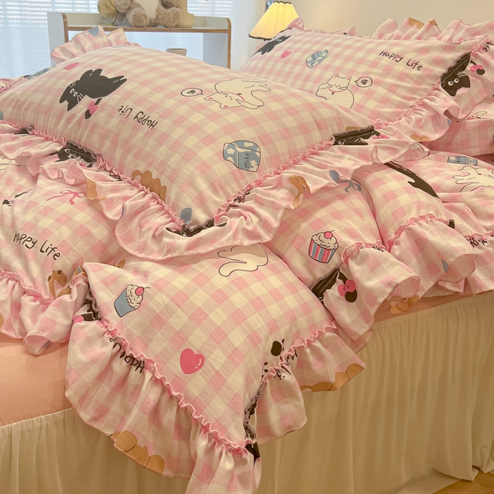 91家纺网 家纺一手货源 找家纺 盼季家纺 2025新款公主风花边小清新水洗棉床上四件套床单被套床裙三件套-风格一 调皮黑猫