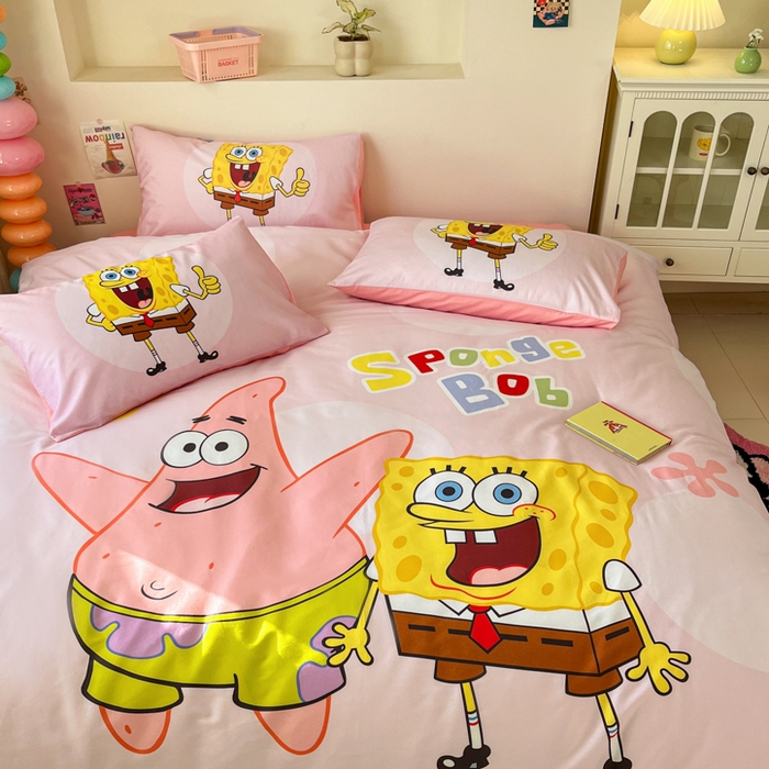 91家纺网 家纺一手货源 找家纺 金爱家纯棉数码印花系列四件套-海绵宝宝 棉D-粉粉海绵宝宝