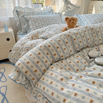 91家纺网 家纺一手货源 找家纺 （总）盼季家纺 2025新款公主风花边小清新水洗棉床上四件套床单被套床裙三件套-风格二