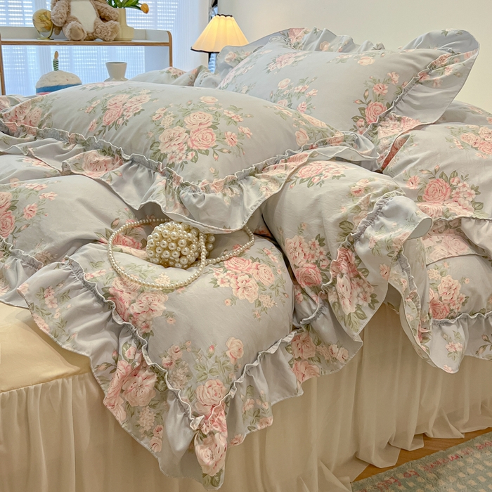 91家纺网 家纺一手货源 找家纺 盼季家纺 2025新款公主风花边小清新水洗棉床上四件套床单被套床裙三件套-风格一 花丛