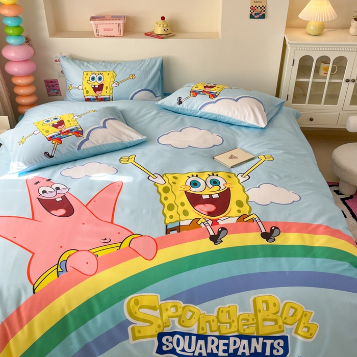 91家纺网 家纺一手货源 找家纺 金爱家纯棉数码印花系列四件套-海绵宝宝 棉D-彩虹海绵宝宝