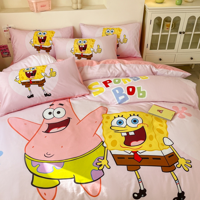 91家纺网 家纺一手货源 找家纺 金爱家纯棉数码印花系列四件套-海绵宝宝 棉D-粉粉海绵宝宝