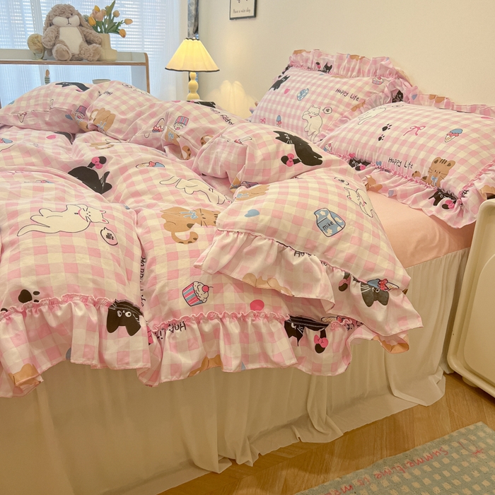 91家纺网 家纺一手货源 找家纺 盼季家纺 2025新款公主风花边小清新水洗棉床上四件套床单被套床裙三件套-风格一 调皮黑猫