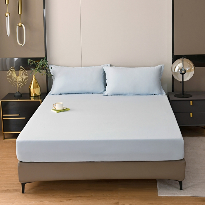 91家纺网 家纺一手货源 找家纺 梵巢2025新款水洗棉纯色单床笠 浅蓝