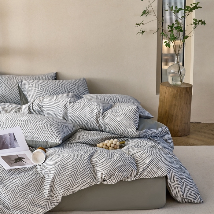 91家纺网 家纺一手货源 找家纺 久典2025 60支色织三层大提花基础款四件套 绅士格