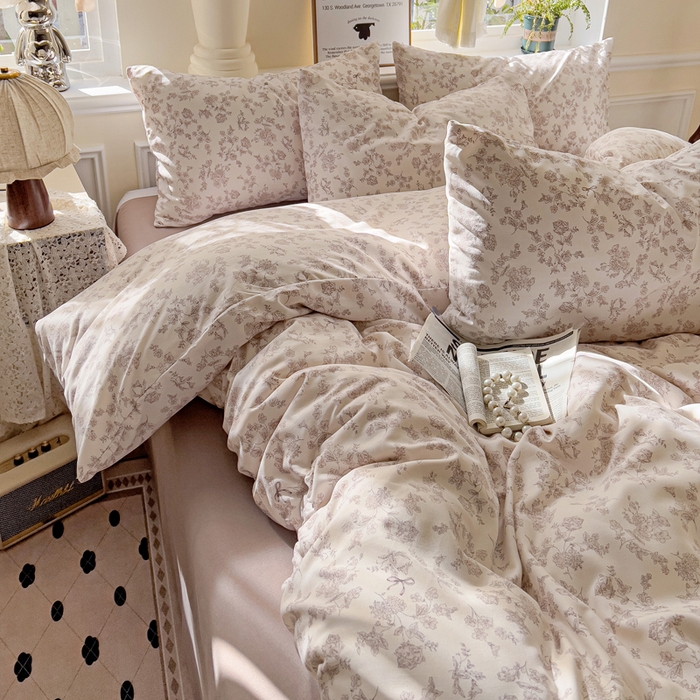 91家纺网 家纺一手货源 找家纺 逸尚阁 2025新款针织双层纱印花四件套（提供买家秀） 黛弦-杏