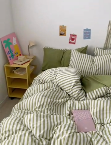 91家纺网 家纺一手货源 找家纺 卡斯诺家纺馆 2025新款水洗云朵棉四件套【下载文件夹包含买家秀】 甜辣风-抹绿条