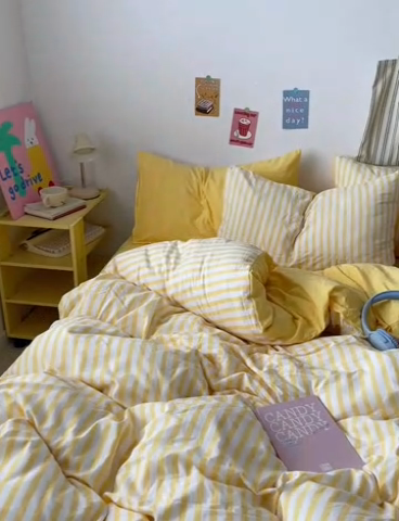 91家纺网 家纺一手货源 找家纺 卡斯诺家纺馆 2025新款水洗云朵棉四件套【下载文件夹包含买家秀】 甜辣风-嫩黄条