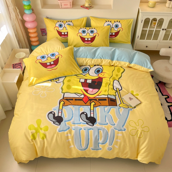 91家纺网 家纺一手货源 找家纺 金爱家纯棉数码印花系列四件套-海绵宝宝 棉D-咖啡海绵宝宝