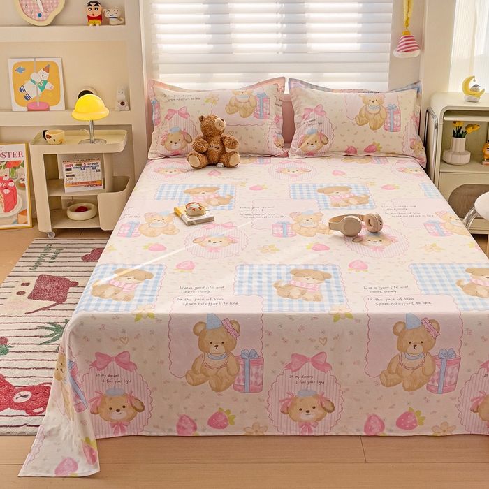 91家纺网 家纺一手货源 找家纺 春雨家居 2025新款春夏卡通印花全棉单床单 甜甜心事