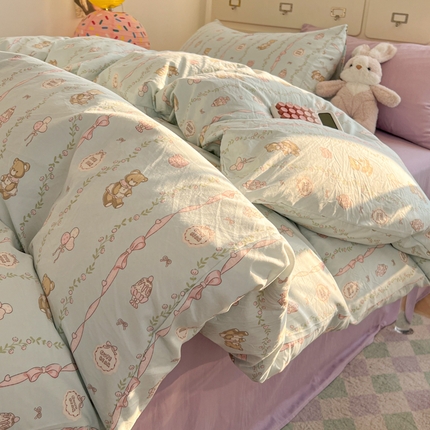 韩巢家纺 2025新款超柔水洗棉印花被套床单床上用品四件套  礼物小熊
