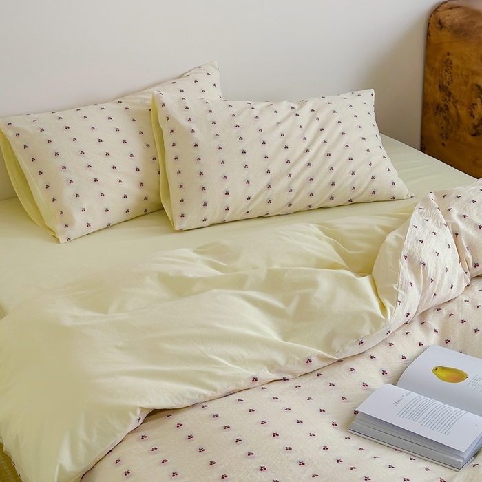 91家纺网 家纺一手货源 找家纺 云上  2025新款小樱桃大提花水洗棉四件套 樱桃-奶黄