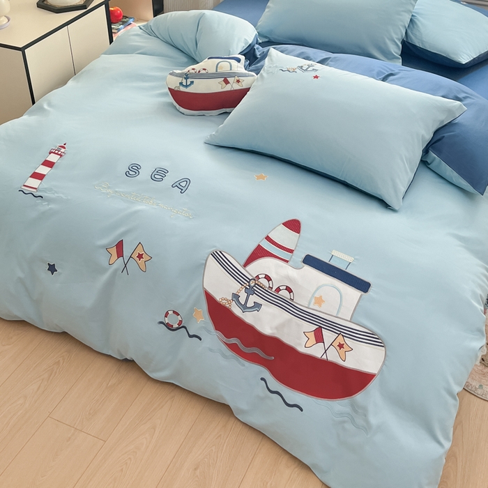 91家纺网 家纺一手货源 找家纺 博雅 2025新款全棉贴布绣卡通四件套 绣花款-海盗船