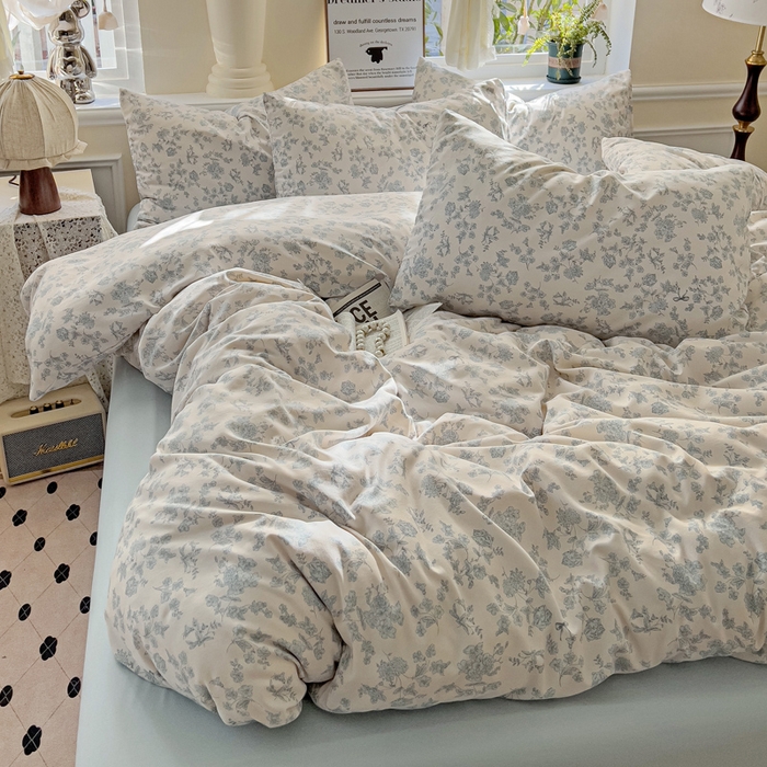 91家纺网 家纺一手货源 找家纺 逸尚阁 2025新款针织双层纱印花四件套（提供买家秀） 黛弦-蓝