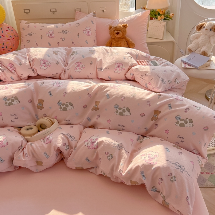 91家纺网 家纺一手货源 找家纺 韩巢家纺 2025新款超柔水洗棉印花被套床单床上用品四件套  小猫线球