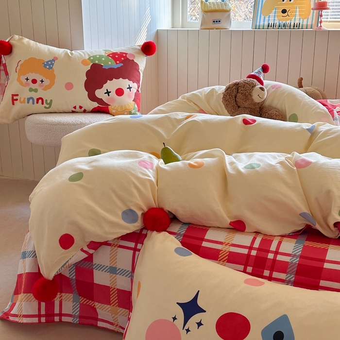 91家纺网 家纺一手货源 找家纺 柚子YOUTH 225新款全棉双层纱球球款四件套 波点小丑