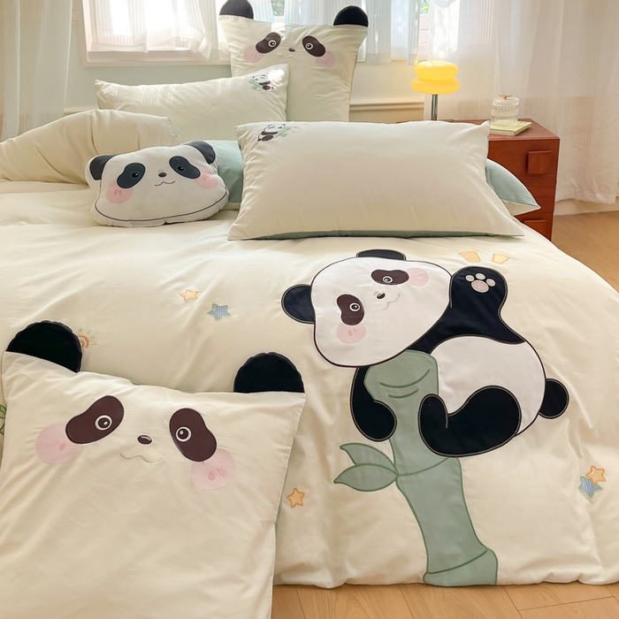 91家纺网 家纺一手货源 找家纺 博雅 2025新款全棉贴布绣卡通四件套 绣花款-运动熊猫