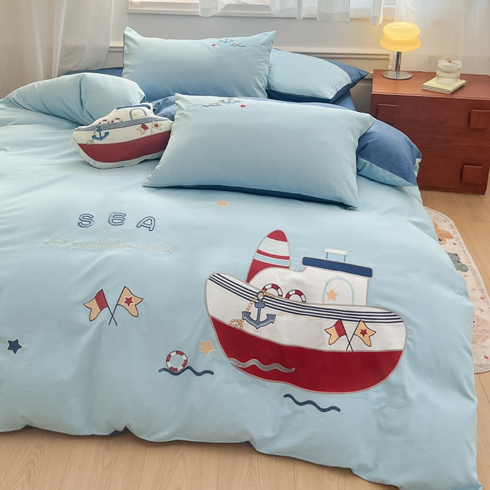 91家纺网 家纺一手货源 找家纺 博雅 2025新款全棉贴布绣卡通四件套 绣花款-海盗船