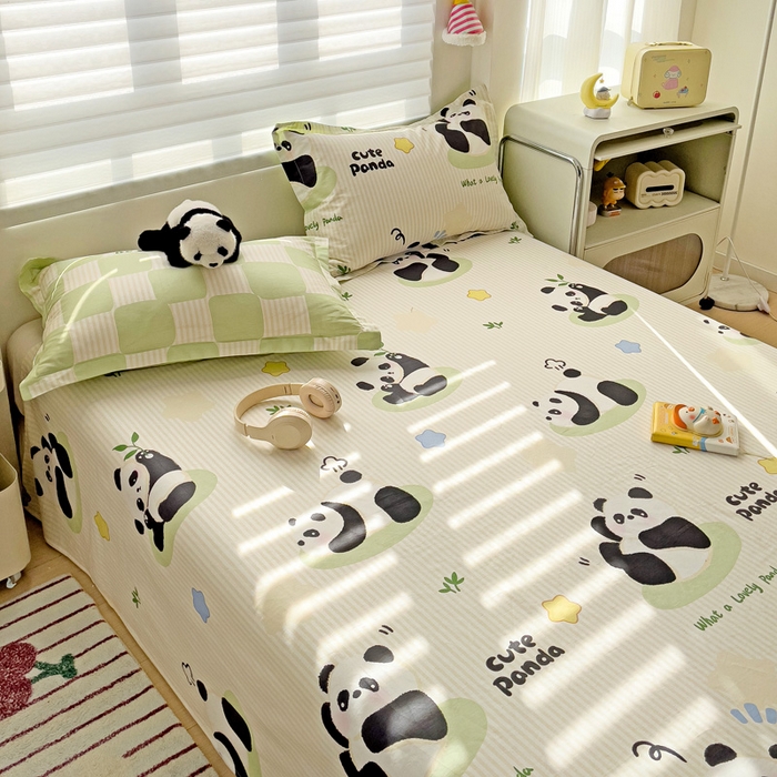 91家纺网 家纺一手货源 找家纺 春雨家居 2025新款春夏卡通印花全棉单床单 小熊猫