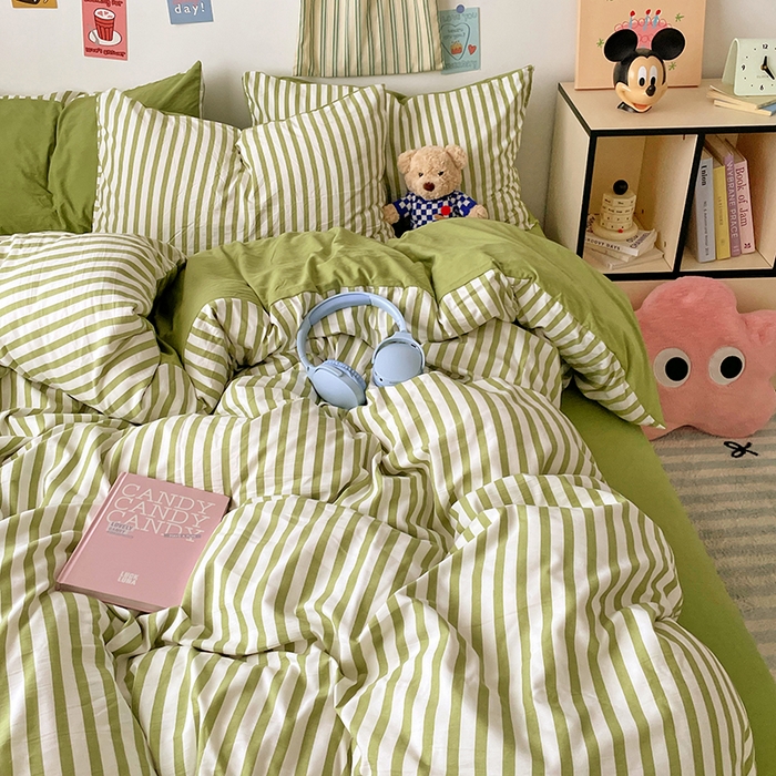 91家纺网 家纺一手货源 找家纺 卡斯诺家纺馆 2025新款水洗云朵棉四件套【下载文件夹包含买家秀】 甜辣风-抹绿条