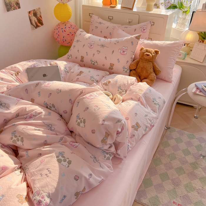 91家纺网 家纺一手货源 找家纺 韩巢家纺 2025新款超柔水洗棉印花被套床单床上用品四件套  小猫线球