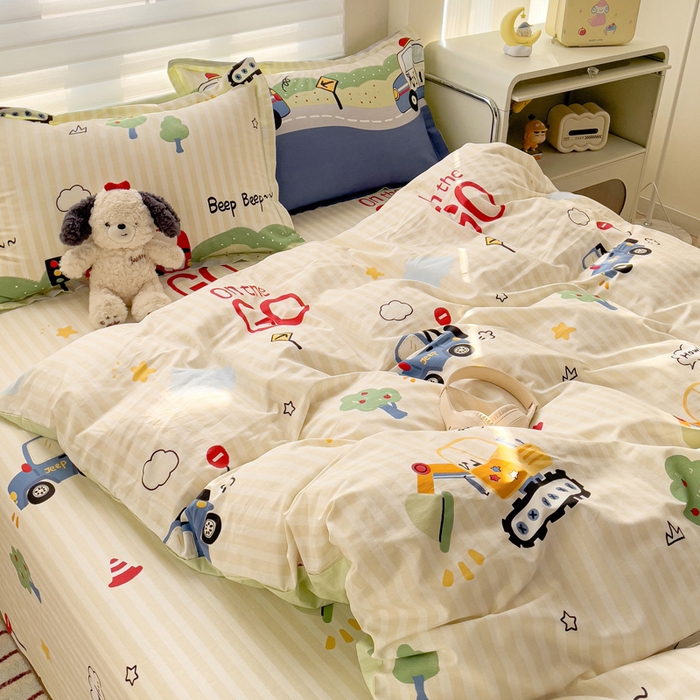 91家纺网 家纺一手货源 找家纺 春雨家居 2025新款春夏卡通印花全棉单被套 汽车世界