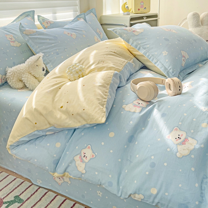 91家纺网 家纺一手货源 找家纺 春雨家居 2025新款春夏卡通印花全棉单被套 蓝色泡芙狗