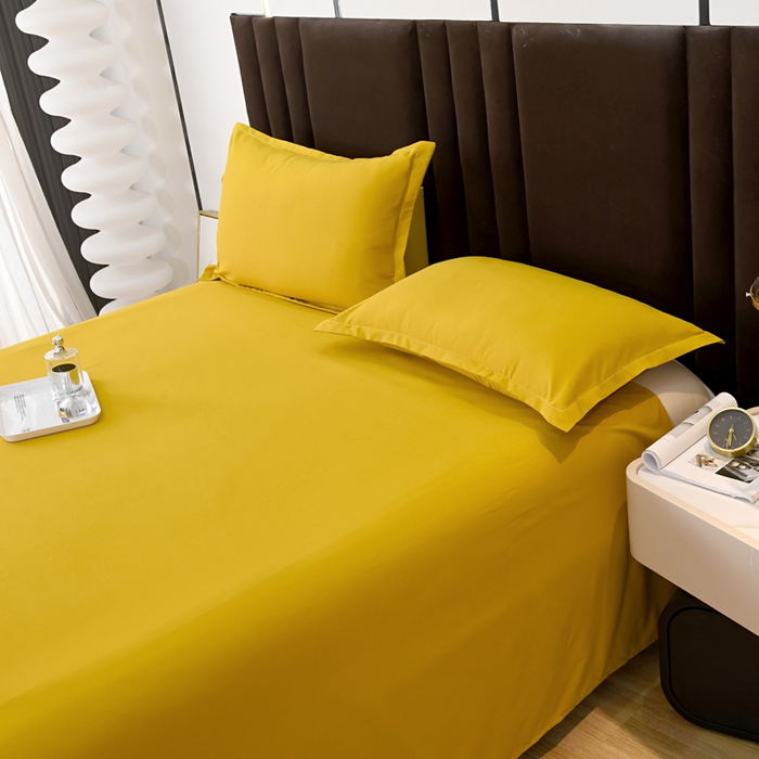 91家纺网 家纺一手货源 找家纺 梵巢2025新款水洗棉床单三件套 姜黄