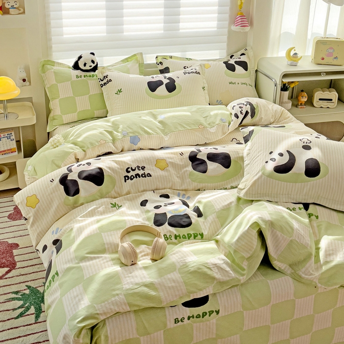 91家纺网 家纺一手货源 找家纺 春雨家居 2025新款春夏卡通印花全棉四件套 小熊猫