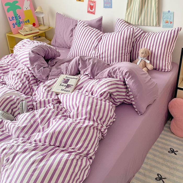 91家纺网 家纺一手货源 找家纺 卡斯诺家纺馆 2025新款水洗云朵棉四件套【下载文件夹包含买家秀】 甜辣风-酱紫条