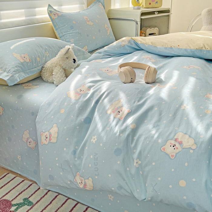 91家纺网 家纺一手货源 找家纺 春雨家居 2025新款春夏卡通印花全棉单被套 蓝色泡芙狗