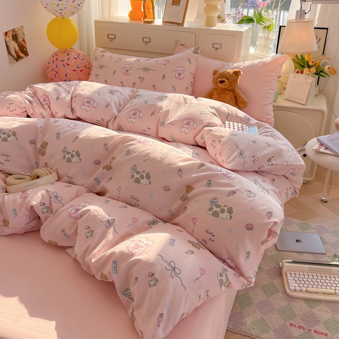 91家纺网 家纺一手货源 找家纺 韩巢家纺 2025新款超柔水洗棉印花被套床单床上用品四件套  小猫线球