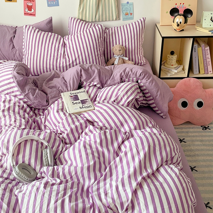 91家纺网 家纺一手货源 找家纺 卡斯诺家纺馆 2025新款水洗云朵棉四件套【下载文件夹包含买家秀】 甜辣风-酱紫条