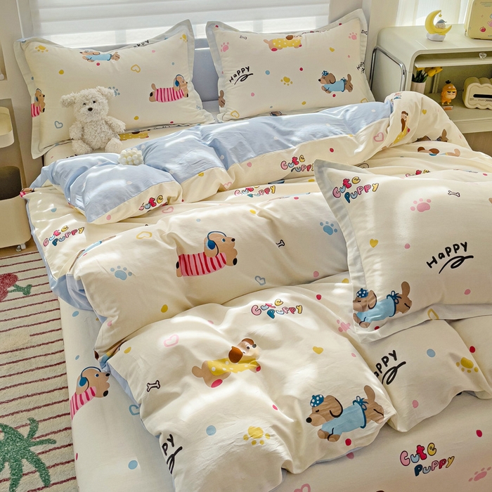 91家纺网 家纺一手货源 找家纺 春雨家居 2025新款春夏卡通印花全棉四件套 童趣蜜歌